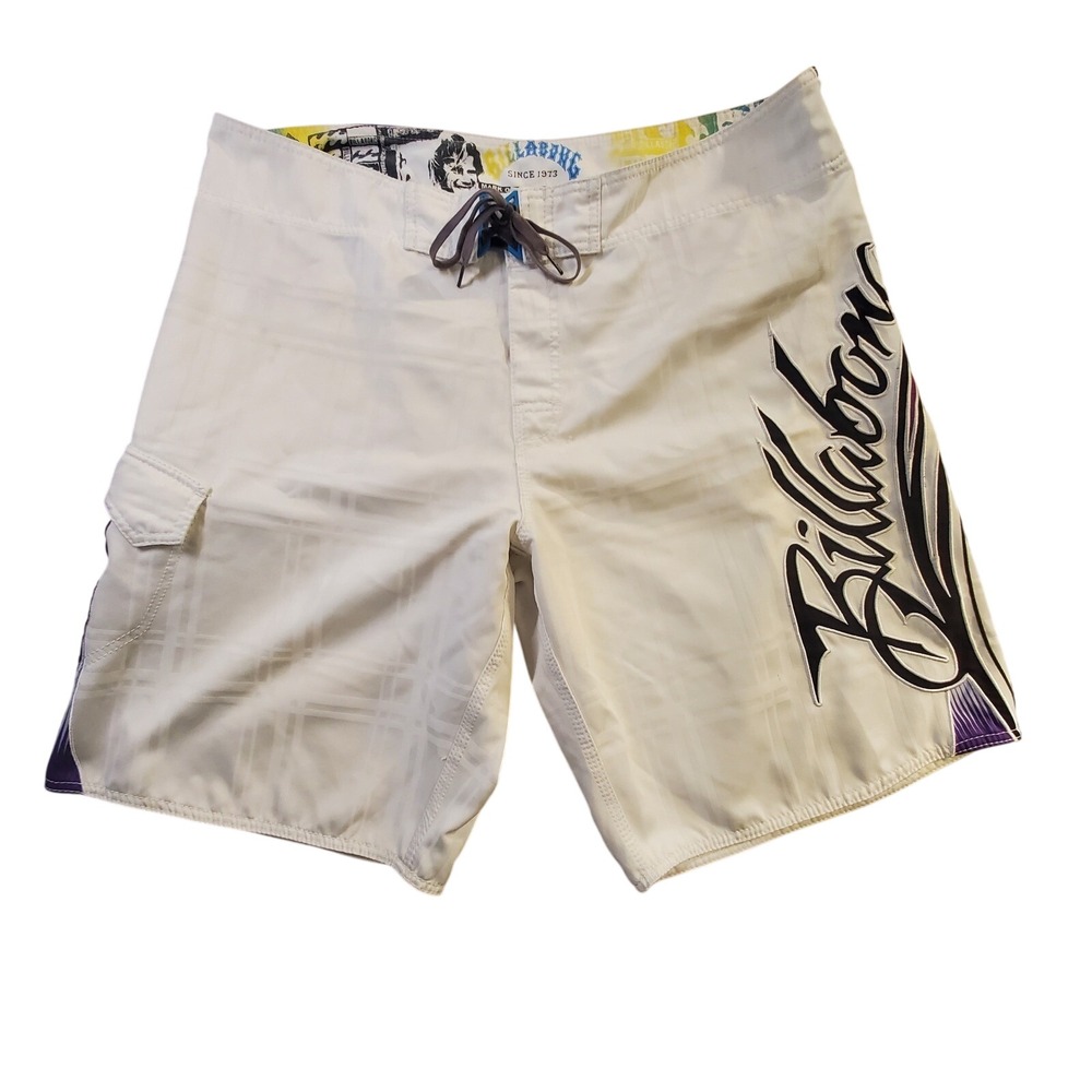 Billabong Mark Occhilupo Signature Board Shorts Men 40 White Purple Surf Vintage